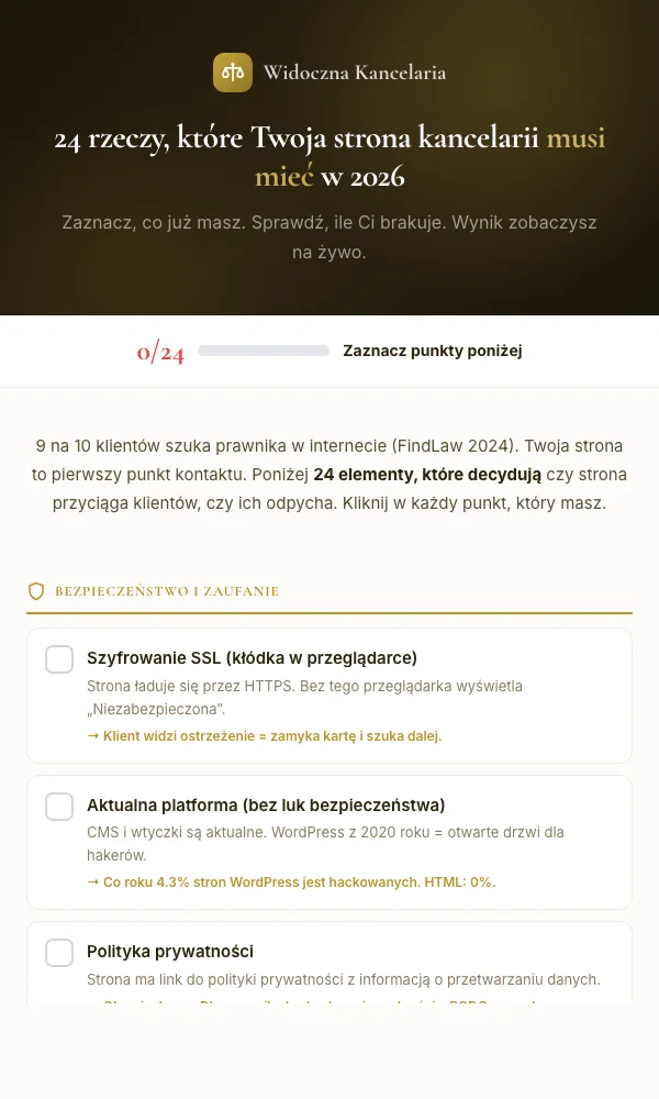 Checklista strony kancelarii 2026 – 24 punkty